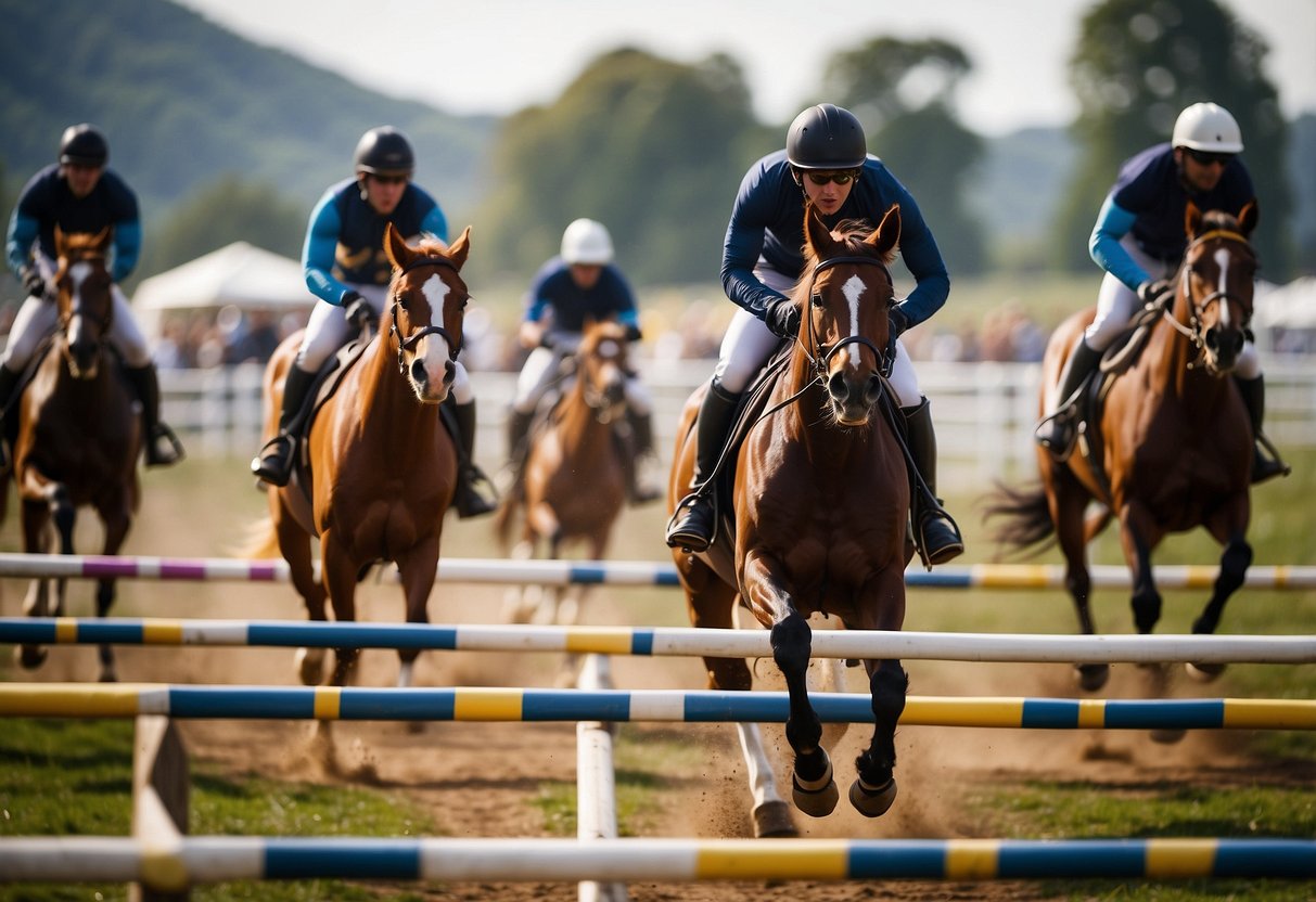 Horses weaving through poles in a timed challenge, riders guiding them with precision and agility