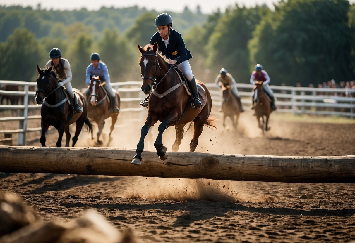 Horses navigating obstacles: jumping over logs, weaving through cones, trotting over bridges, and navigating tight turns in a large arena