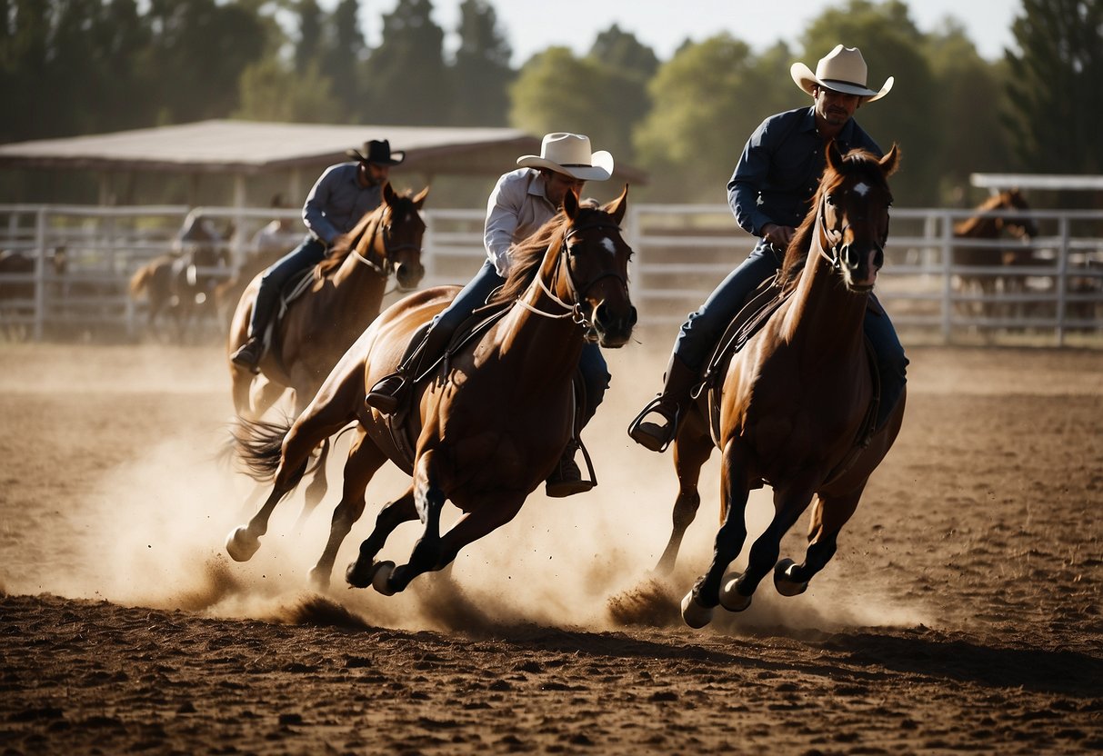 Horses performing reining maneuvers in a Western riding arena, including spins, sliding stops, and precise patterns. Dust kicks up as the horses display athleticism and agility