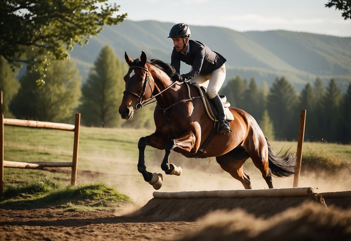 A horse gallops over a series of challenging jumps on a cross-country course, with trees and hills in the background