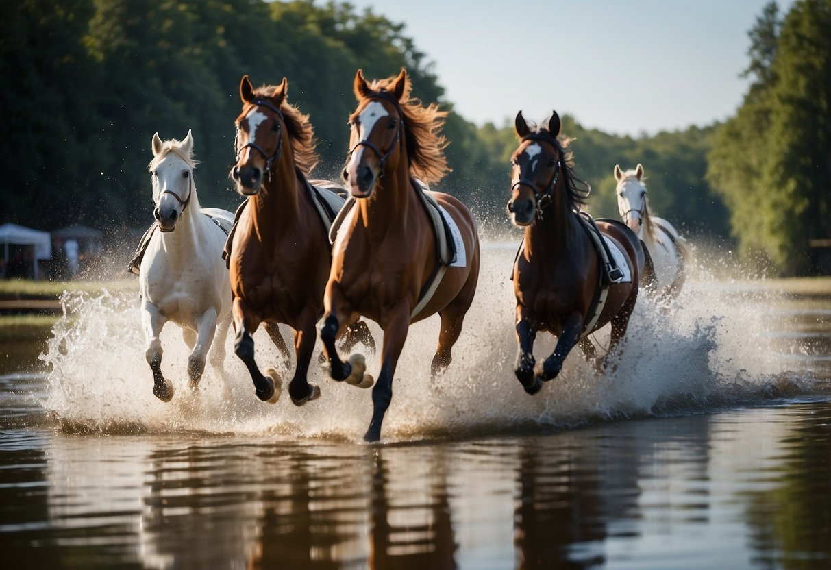 Horses navigating obstacle course, jumping over hurdles, and trotting through water. Safety tips displayed in background