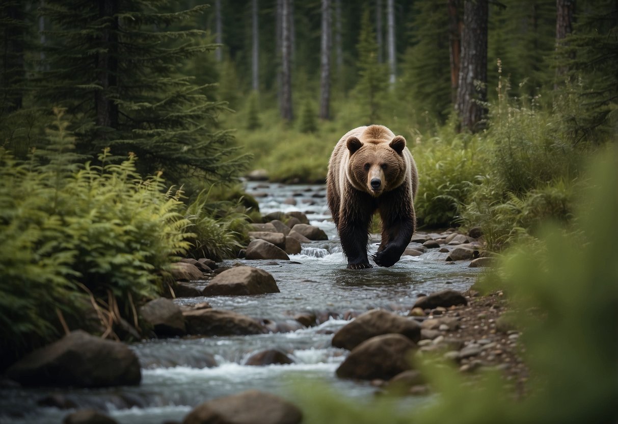 A bear roams through a lush forest, with a clear stream and towering mountains in the background. Signs of caution and bear awareness are posted along the trail