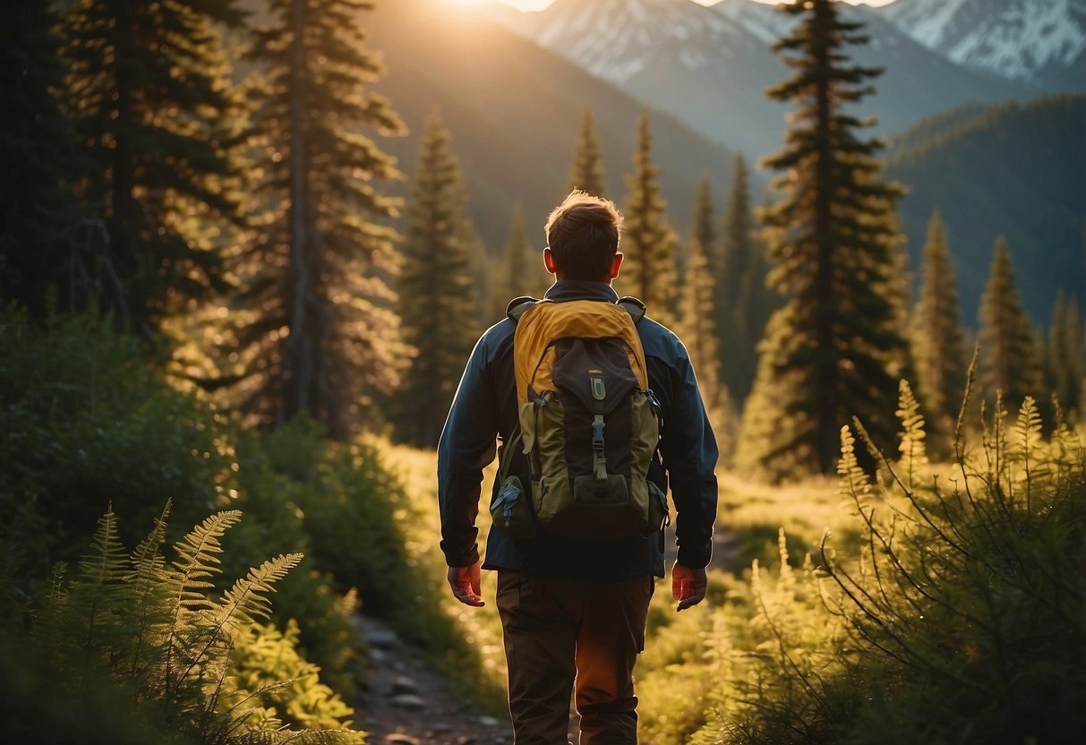 A hiker carries bear spray on a trail, surrounded by dense forest and a distant mountain peak. The sun sets behind the trees, casting a warm glow on the scene