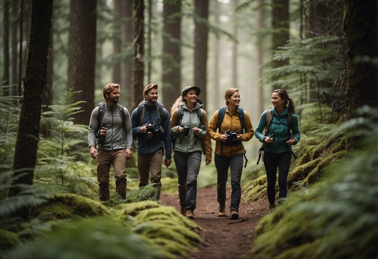 Hikers walk in a tight group through a forest, talking and laughing. They carry bear spray and make noise to alert any nearby bears of their presence