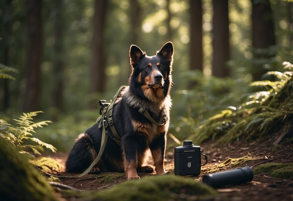 Dogs leashed in forest, bear warning sign, trail markers, backpack, water bottle, bear spray, map, and wildlife camera