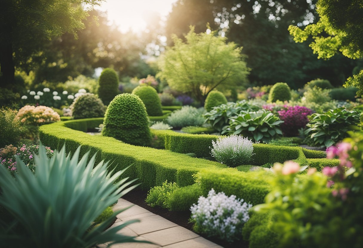 A lush green oasis with vibrant plant life and well-maintained garden beds, featuring a variety of flowers, shrubs, and trees