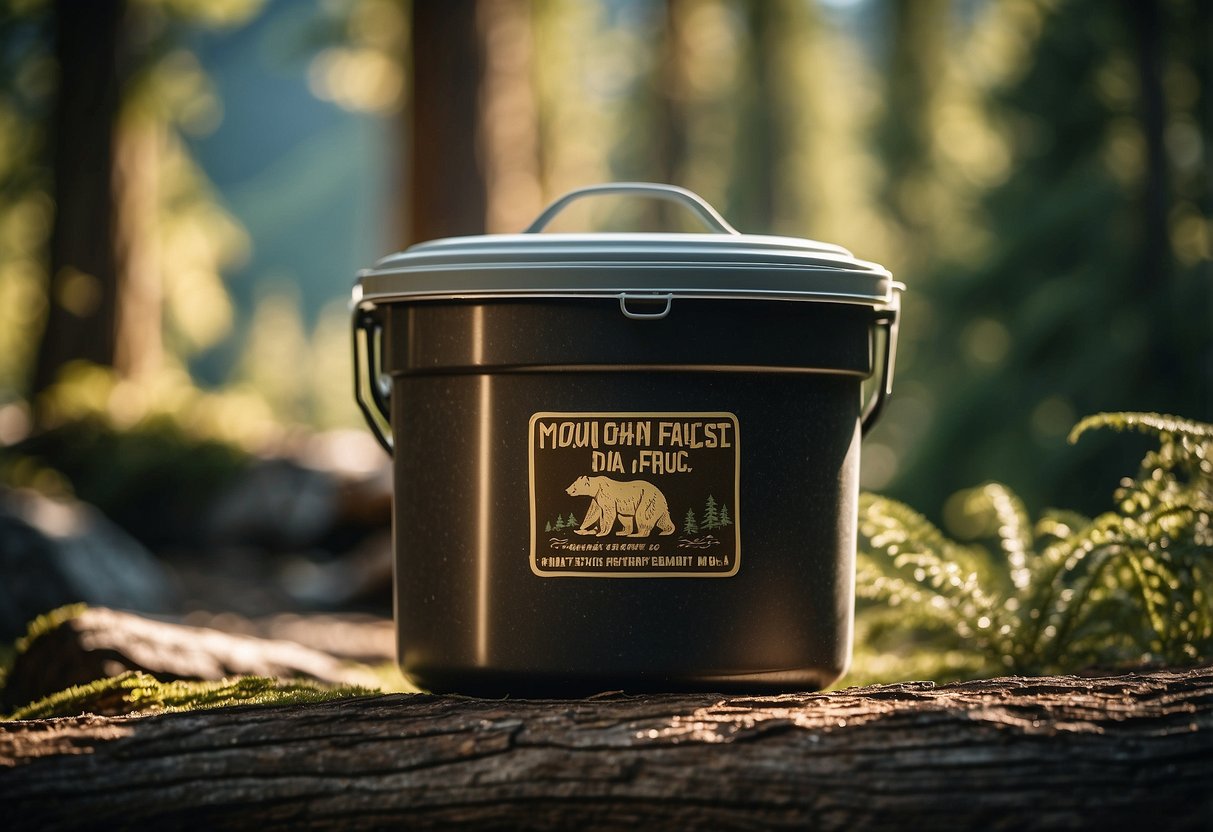 Food stored in bear-proof containers, hung from trees, or stored in bear lockers. Signs warning of bear presence. Lush forest and mountainous terrain in the background