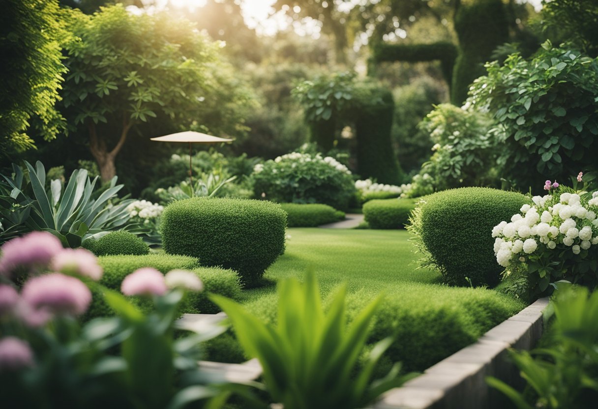 A lush garden with various plants and flowers arranged in a well-planned and organized manner, showcasing a beautiful green oasis