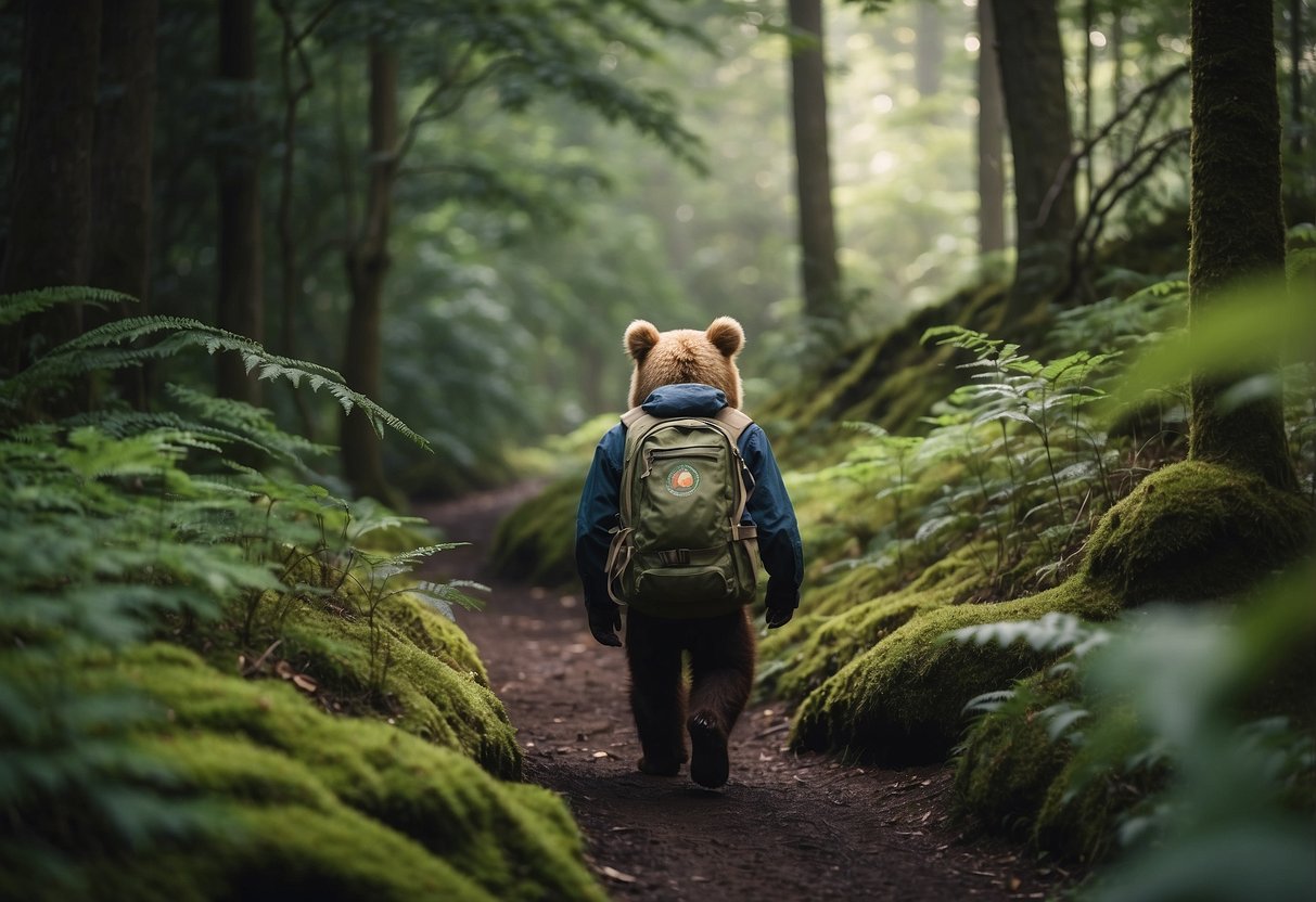 Lush forest with bear warning sign, hiker's backpack, and scattered berries. Creek glistens in the distance