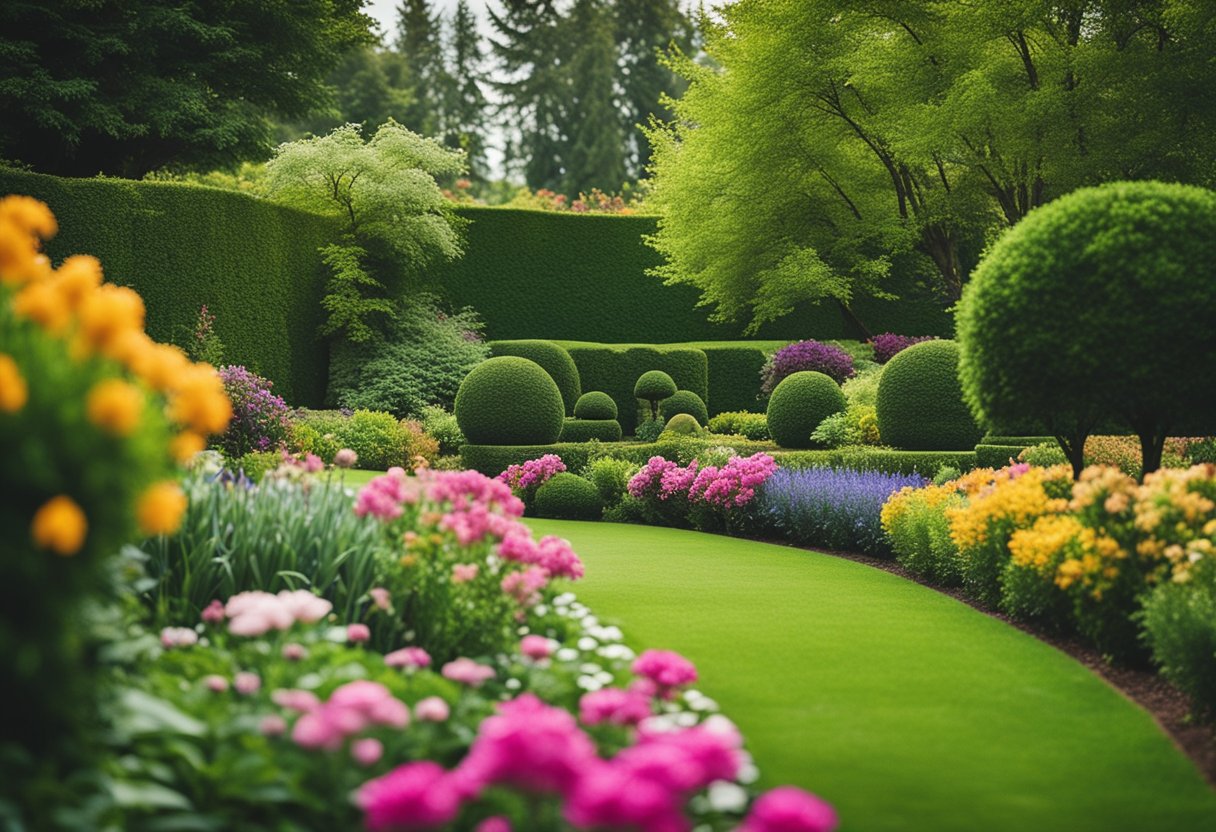 A lush garden with colorful flowers, neatly trimmed hedges, and a variety of plants arranged in a harmonious and visually appealing manner