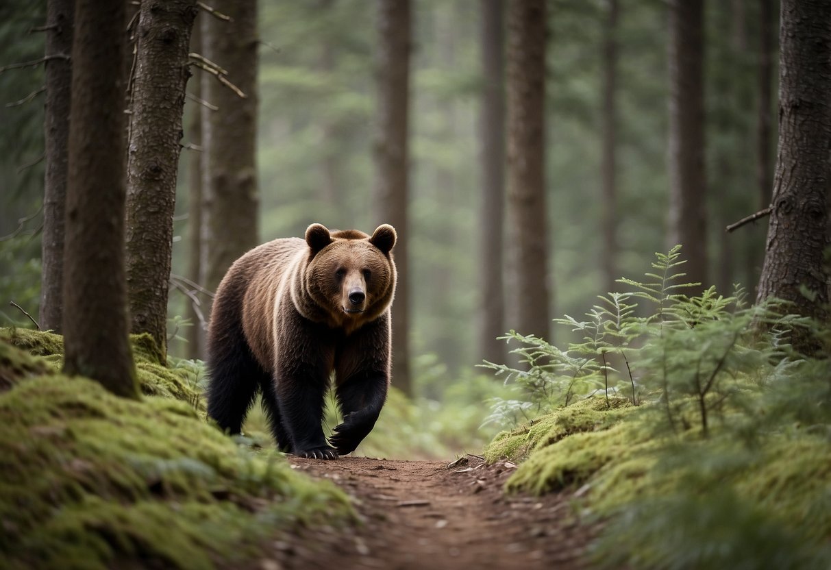 A trail winds through a dense forest, marked with clear signs. A bear forages for food nearby, while birds chirp in the trees