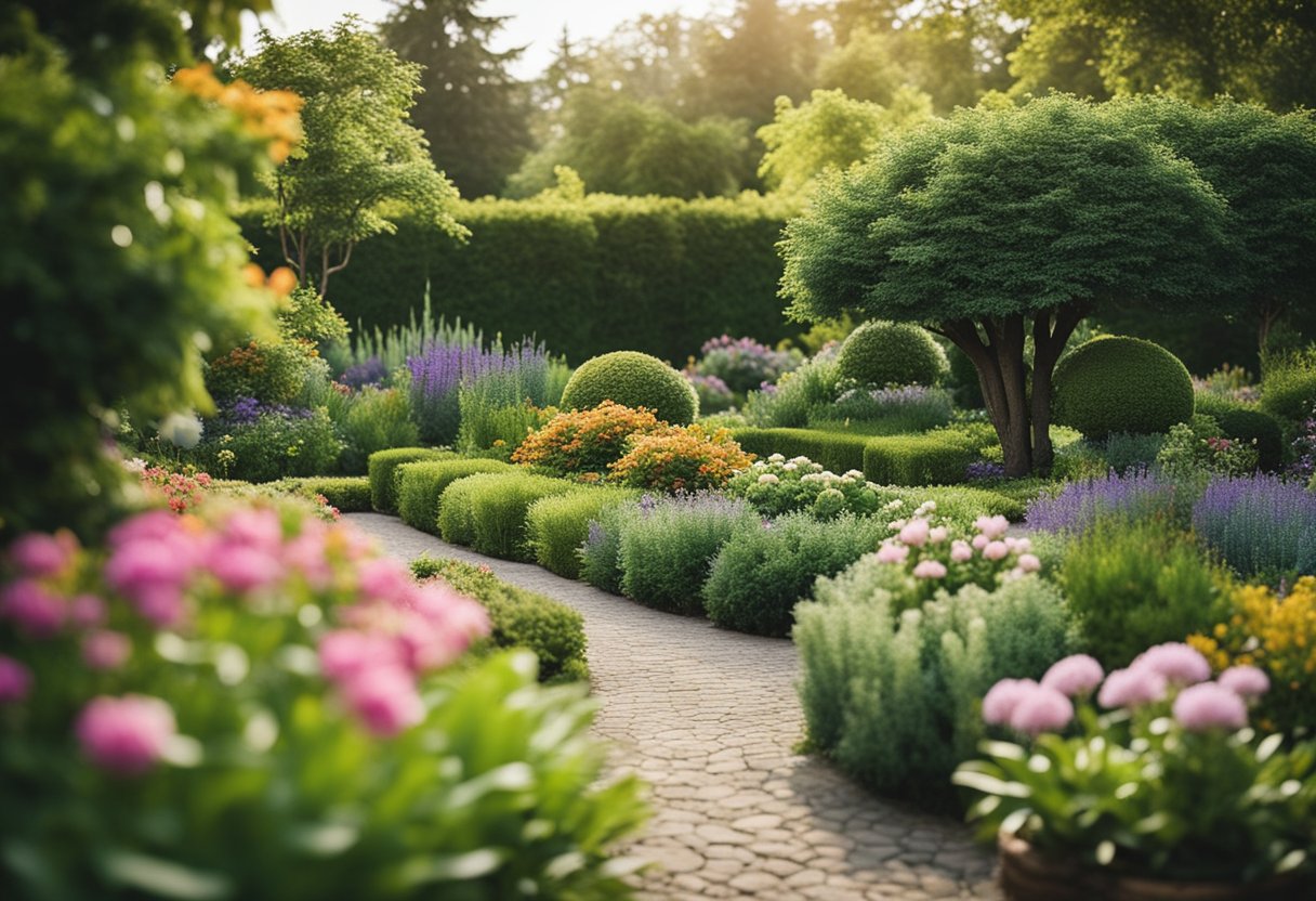 Create a lush and beautiful garden with vibrant green plants and colorful flowers, surrounded by a variety of trees and bushes