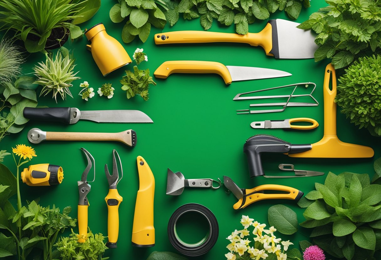 A variety of gardening tools and equipment are laid out neatly on a lush green background, surrounded by vibrant plants and flowers