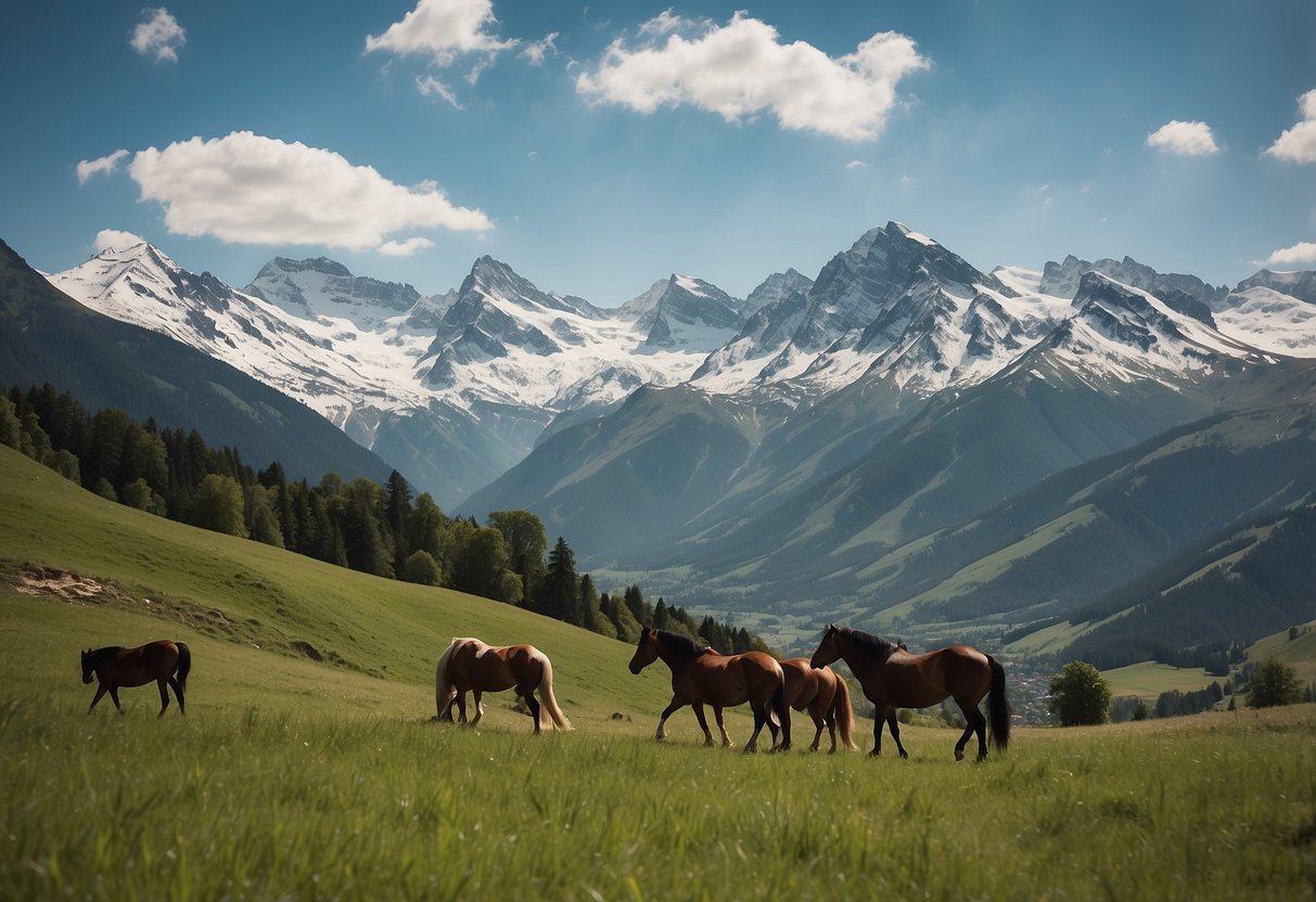 Lush green hills and valleys, with majestic castles in the background. Horses galloping freely, with a backdrop of snow-capped mountains