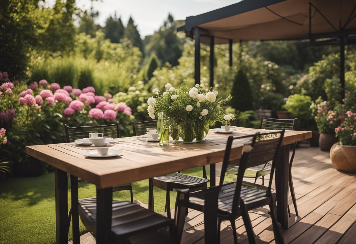 A garden with a wooden deck, surrounded by lush greenery and flowers. A table and chairs are set up for outdoor dining