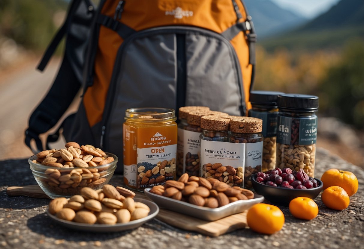 A cyclist's backpack open, revealing 10 assorted lightweight snacks like energy bars, nuts, and dried fruit. The backdrop could include a scenic mountain trail or winding road