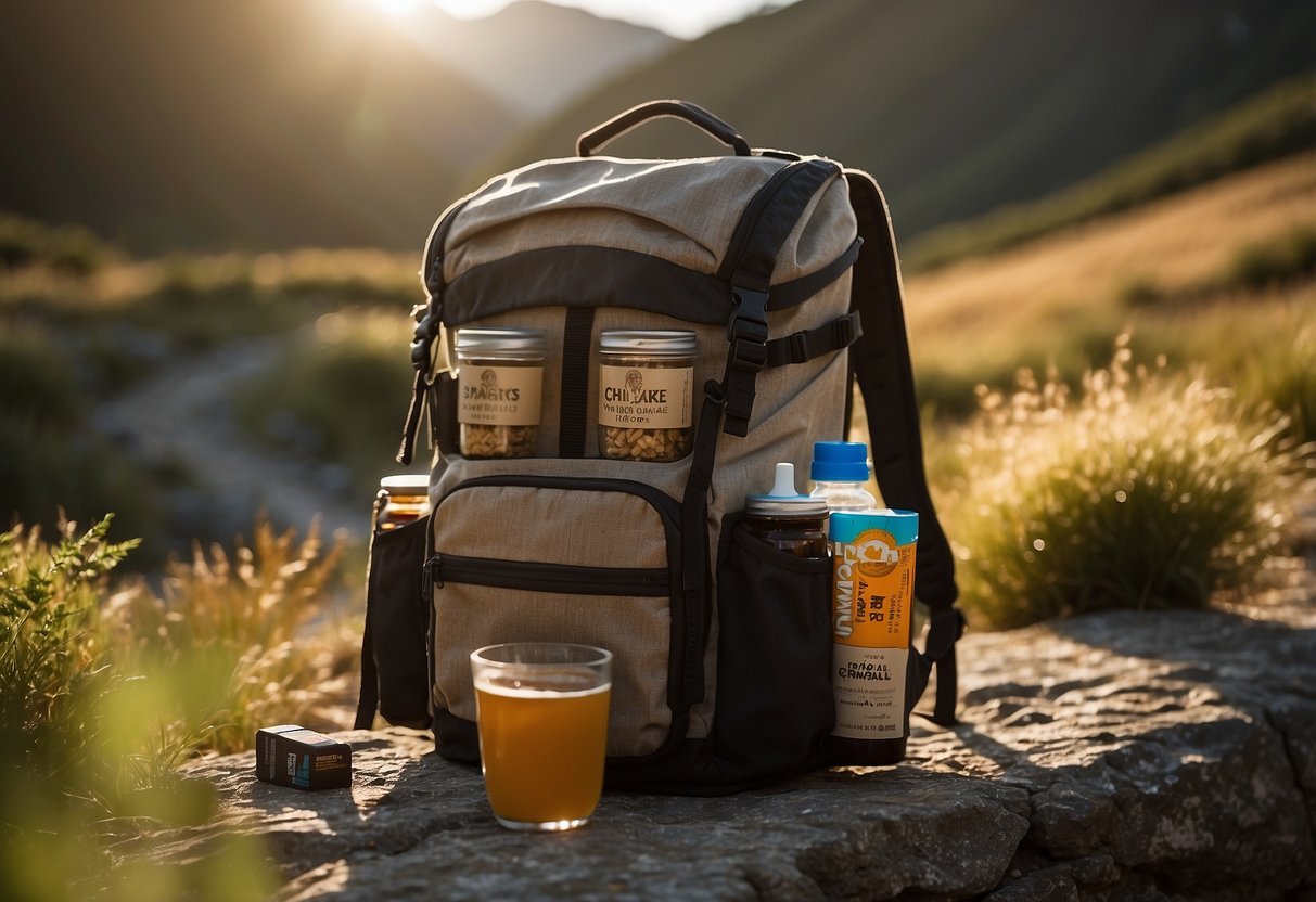 A cyclist's backpack open, revealing granola bars and other lightweight snacks. The sun shines down on the trail ahead, hinting at the adventure to come