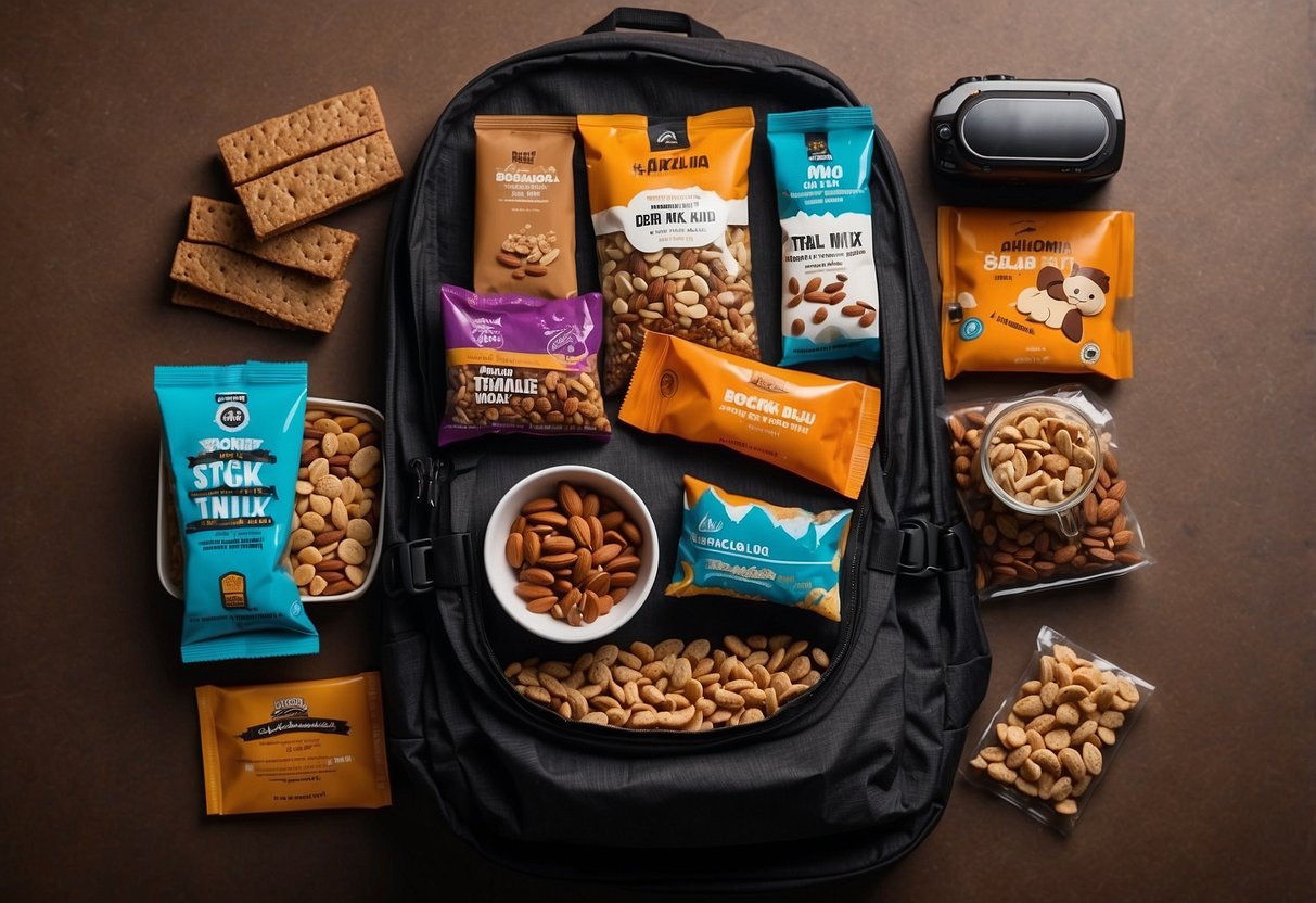 A variety of trail mix packs, granola bars, and dried fruit are neatly arranged in a backpack, ready for a riding trip