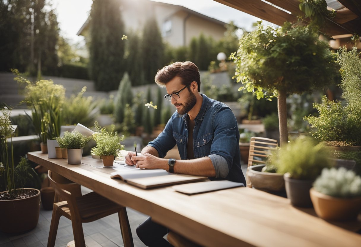 A landscape architect designs an outdoor space, sketching plans and arranging plants and furniture for a cozy, functional patio