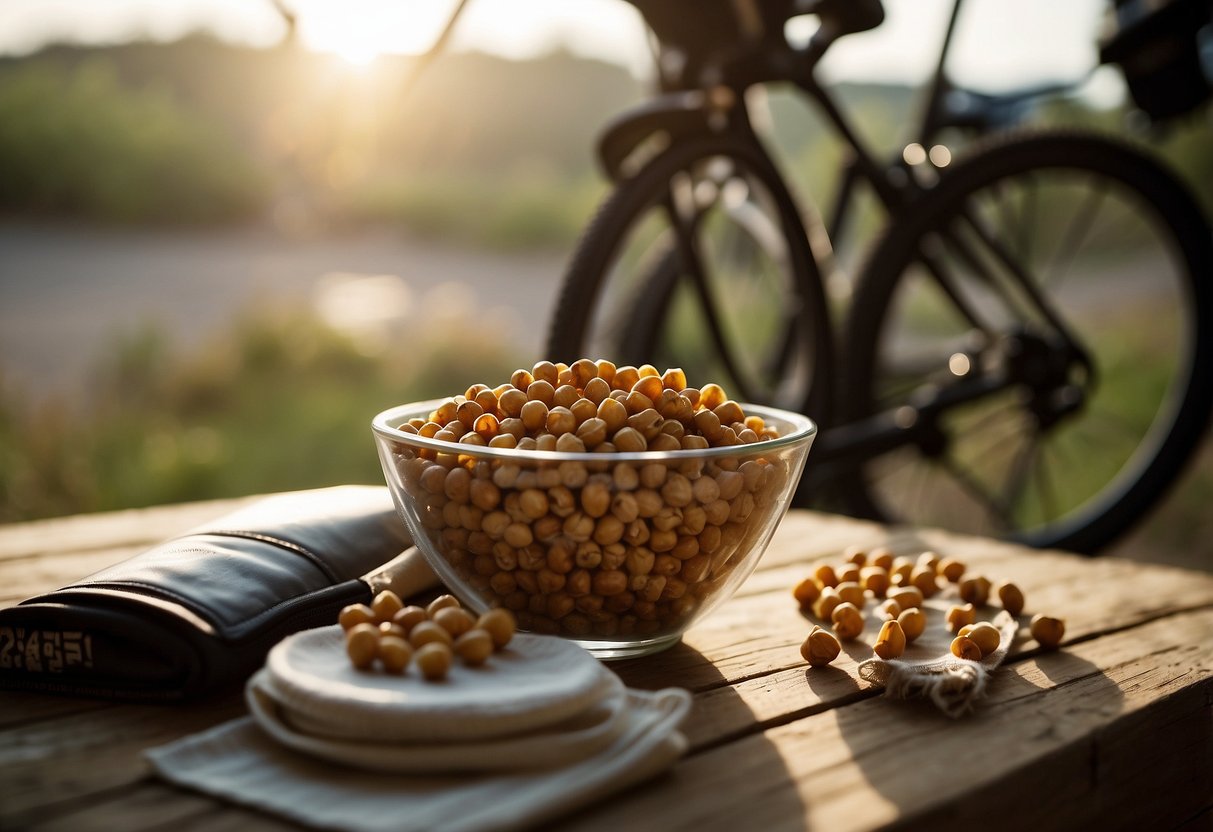 A bowl of roasted chickpeas sits next to a water bottle and bike gear, ready for a riding trip. Sunlight streams in through a nearby window, casting a warm glow over the scene