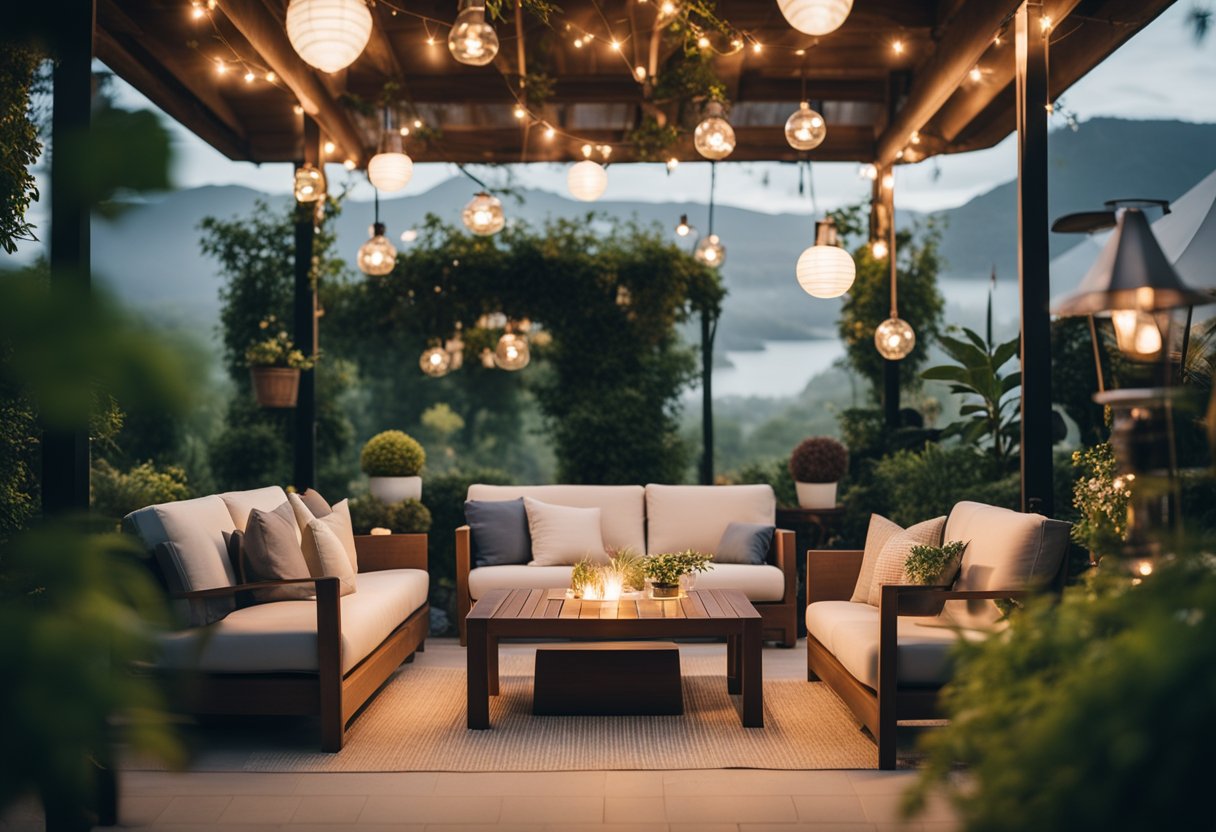 A cozy outdoor space with stylish furniture and warm lighting, surrounded by lush greenery and a well-designed landscape