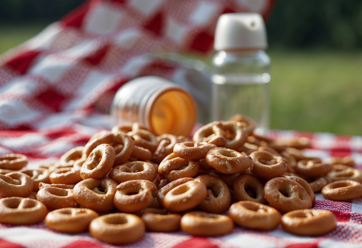 A pile of mini pretzels scattered on a checkered picnic blanket, with a backpack and water bottle in the background