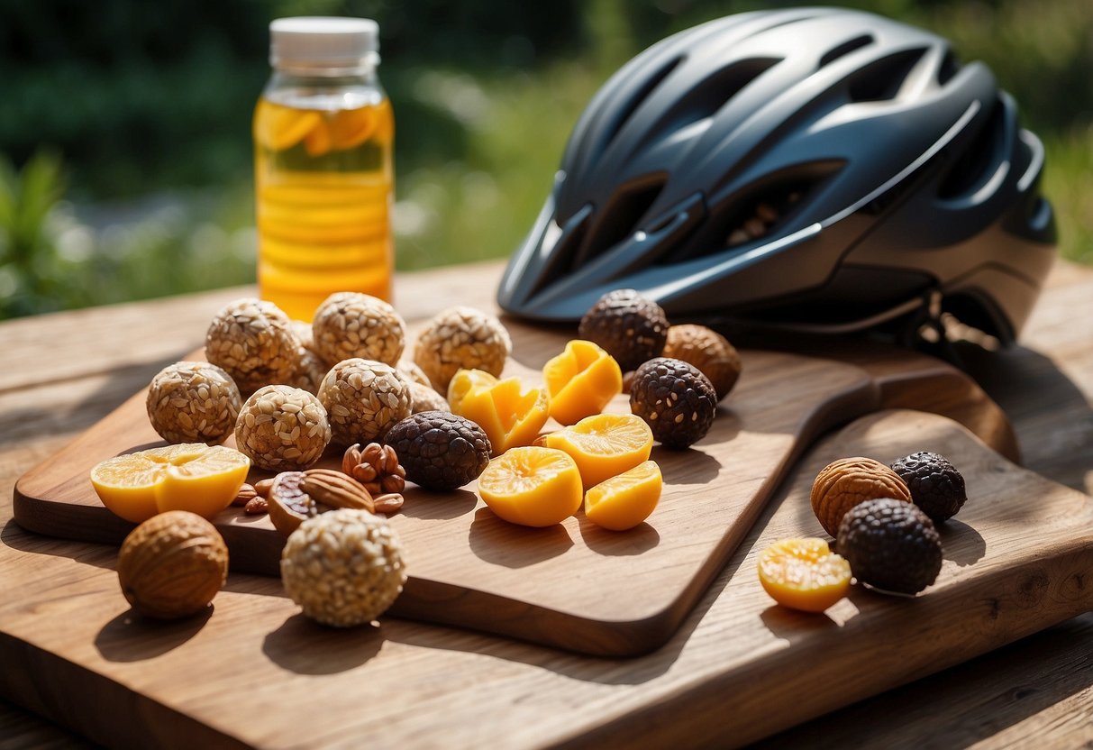 A table with a variety of protein balls, nuts, and dried fruits arranged on a wooden cutting board, next to a water bottle and a cycling helmet