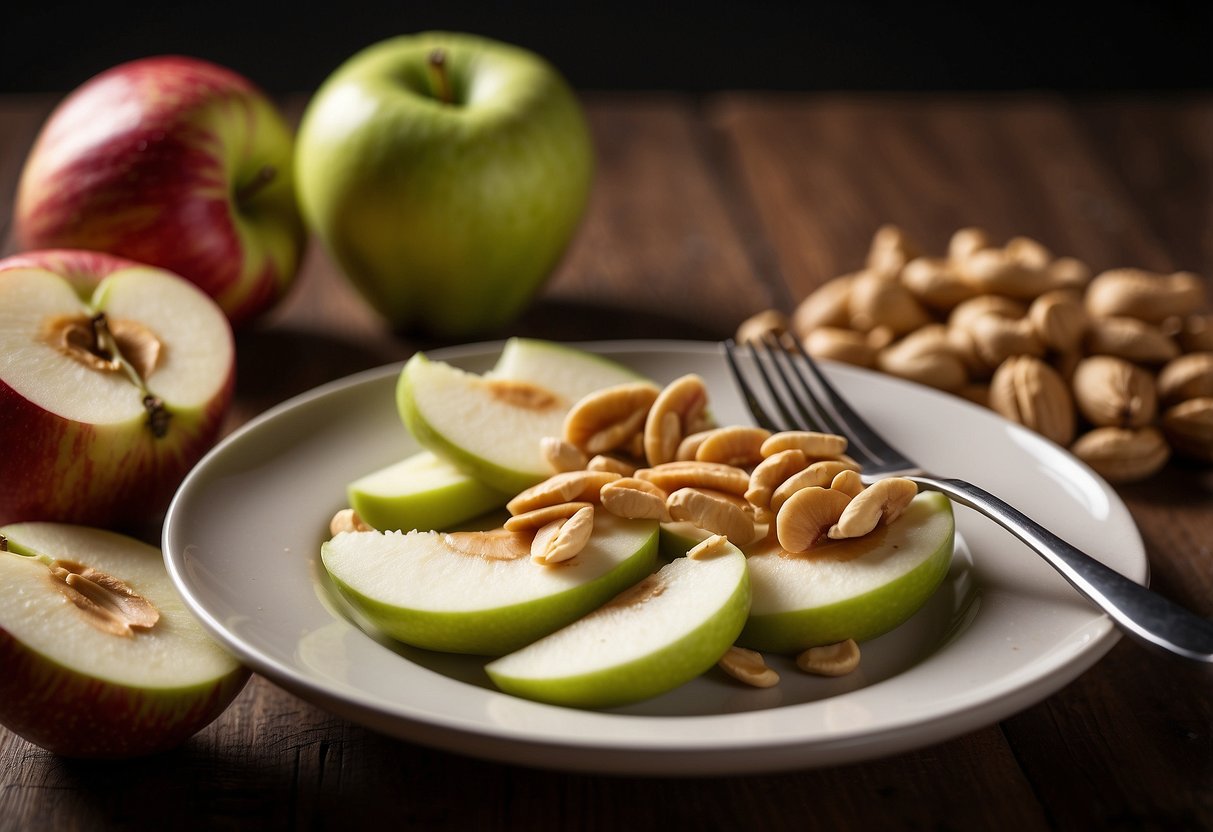 A plate of apple slices with a dollop of peanut butter on the side. The apples are neatly arranged, and the peanut butter is creamy and inviting