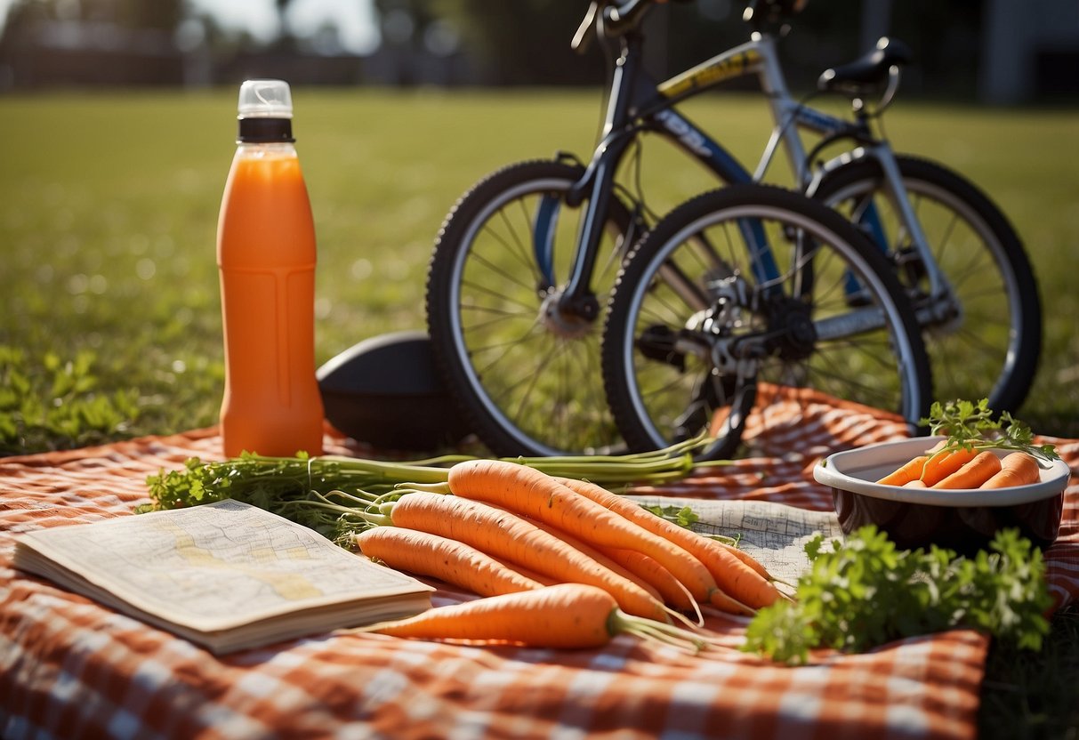 A pile of carrot sticks arranged on a checkered picnic blanket, surrounded by a water bottle and a map. The sun is shining, and a bicycle is parked nearby