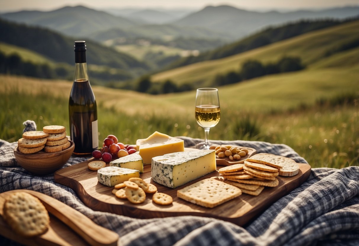 A picnic blanket with a variety of cheeses and crackers spread out, surrounded by a scenic landscape with rolling hills and a winding road