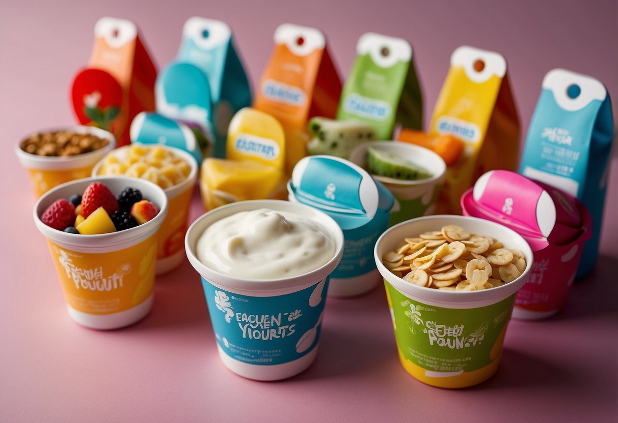 A group of 10 colorful yogurt pouches arranged neatly on a table, surrounded by various lightweight snacks. The packaging features vibrant designs and easy-to-open caps