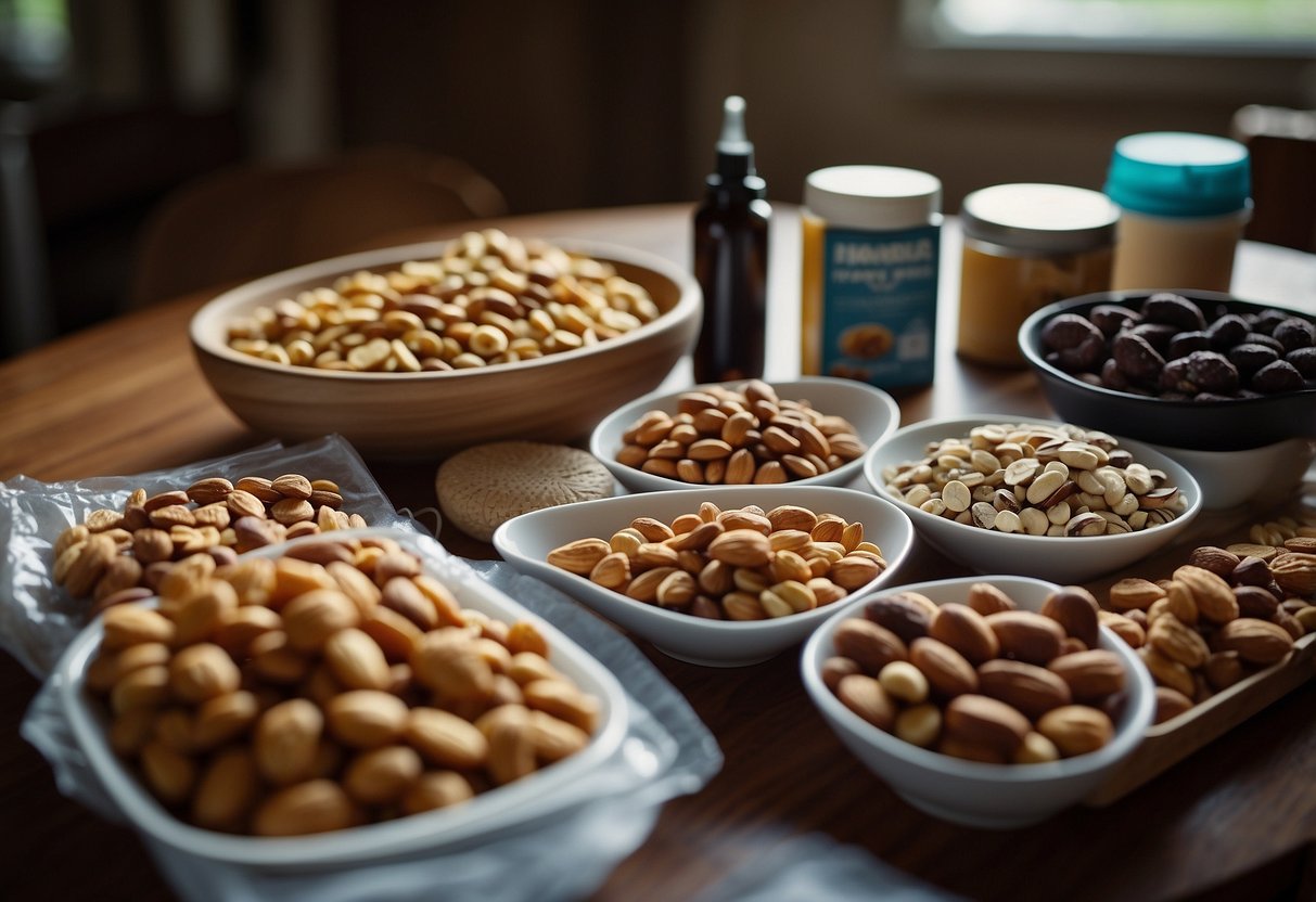 A variety of lightweight snacks, such as nuts, dried fruits, and energy bars, are spread out on a table, accompanied by a water bottle and a map, ready for a riding trip