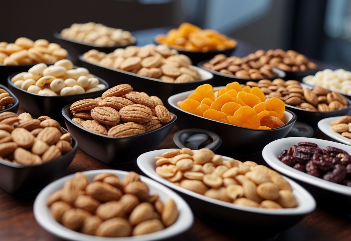 A table with a variety of lightweight snacks, such as energy bars, nuts, and dried fruit, neatly organized in individual containers with labels for easy access and storage