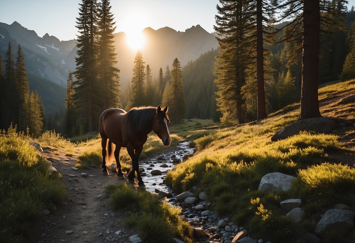 A lone horse traverses a rugged mountain trail, surrounded by towering pines and a crystal-clear stream. The sun sets behind the peaks, casting a warm glow over the serene backcountry landscape