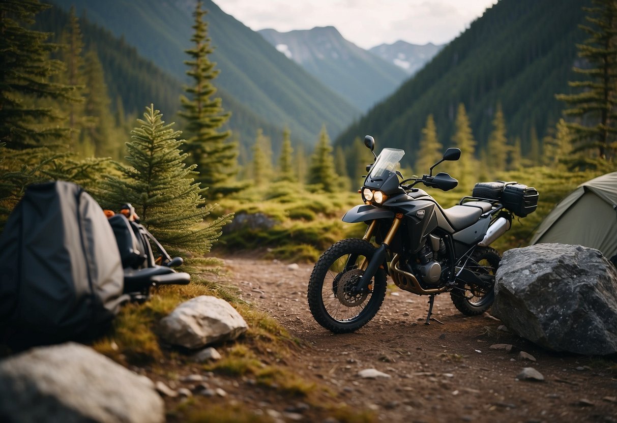 A rugged mountain landscape with a trail winding through dense forests, leading to a remote backcountry campsite. A motorcycle loaded with essential gear is parked at the campsite, surrounded by wilderness