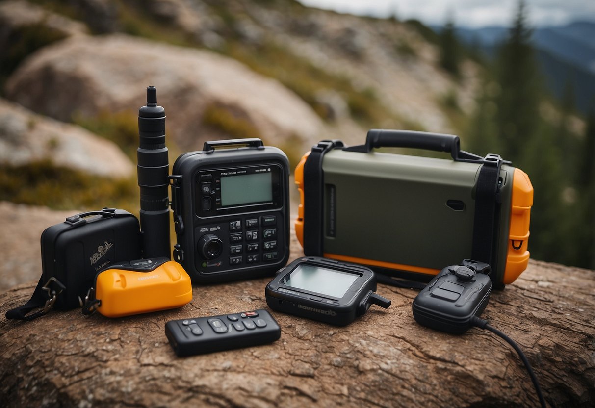 Emergency communication devices displayed with outdoor gear in a rugged backcountry setting. Tips for riding in the backcountry listed nearby