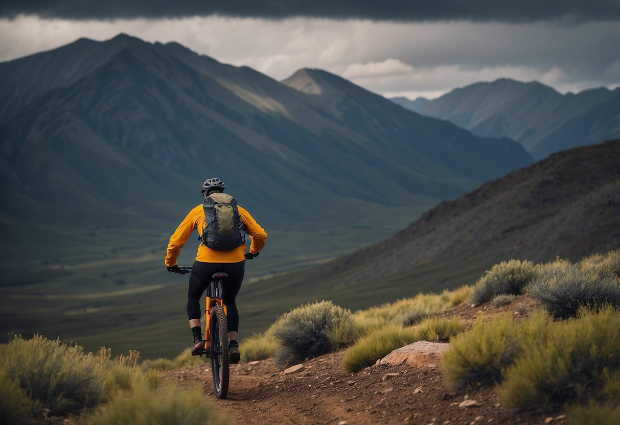 A lone mountain bike navigates a rugged trail through a remote backcountry landscape. The weather is unpredictable, with storm clouds looming overhead, and the terrain varies from rocky to sandy