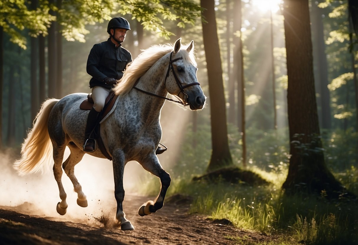 A rider in a lightweight jacket, cantering through a sun-dappled forest, the wind gently ruffling the fabric as the horse's mane flows in the breeze