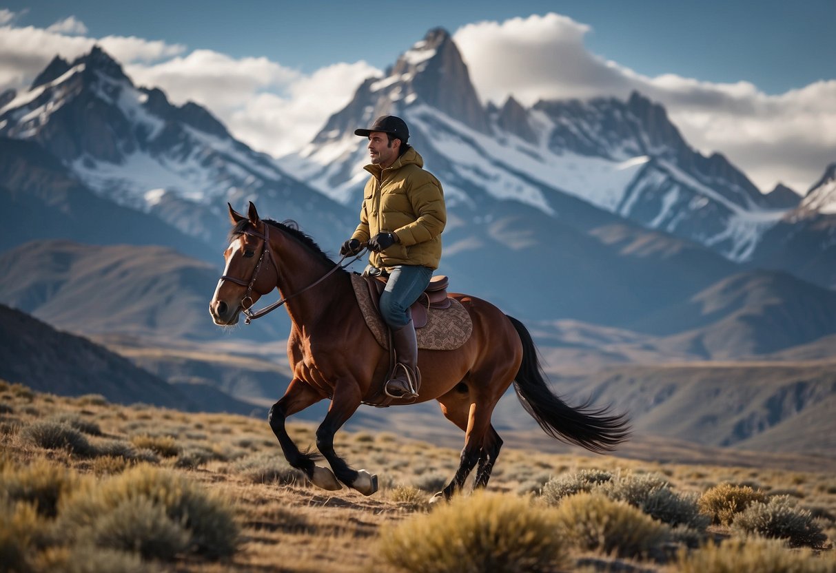 A horseback rider in a Patagonia Houdini Jacket galloping through a windy, rugged landscape, with mountains in the background and a clear, blue sky above