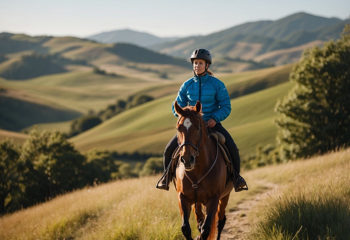 A horseback rider wearing a Columbia Flash Forward Windbreaker, riding through a scenic landscape with rolling hills and a clear, sunny sky