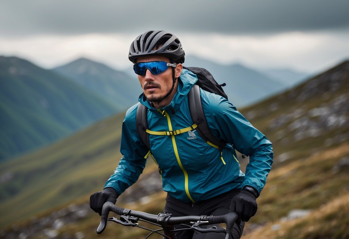 A rider in a lightweight Mountain Hardwear Kor Preshell jacket, galloping through a mountainous landscape, with wind and rain repelled by the jacket's durable, water-resistant fabric