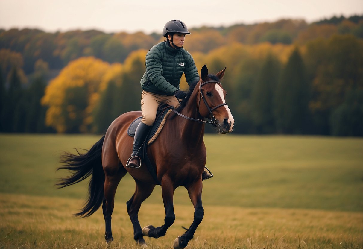 A horseback rider wearing The North Face Cyclone Jacket, riding through a windy, open field with trees in the background