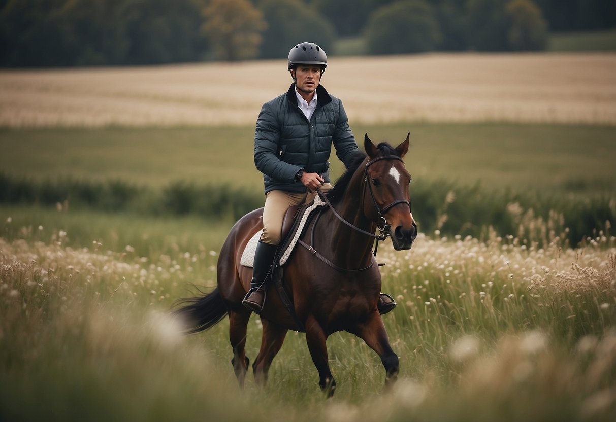 A rider in a lightweight jacket, with adjustable cuffs and a high collar, galloping through a field with reinforced seams and multiple pockets