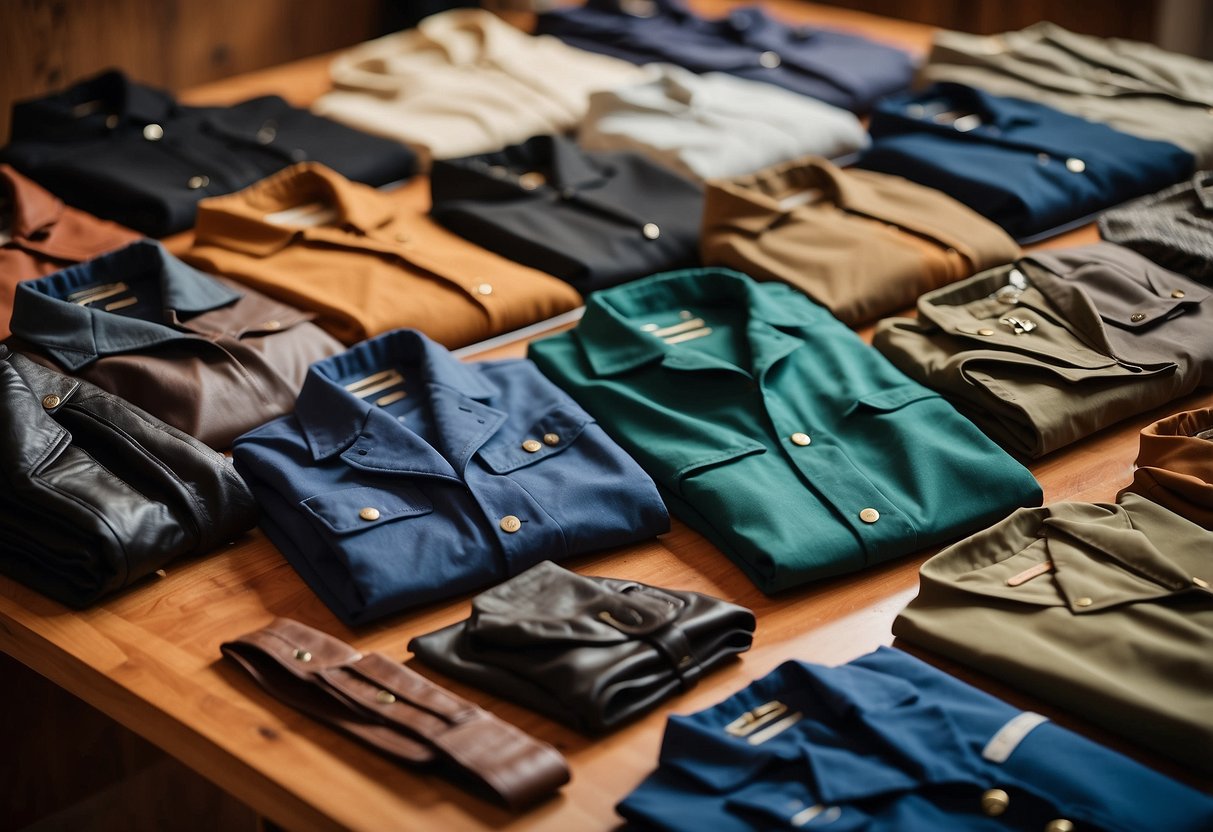 The scene depicts a variety of lightweight riding jackets laid out on a table, showcasing different material options and styles for horseback riding