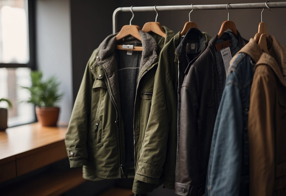 A rider gently brushes dirt off a lightweight jacket, hanging it on a hanger in a well-ventilated area. A soft cloth and leather cleaner sit nearby