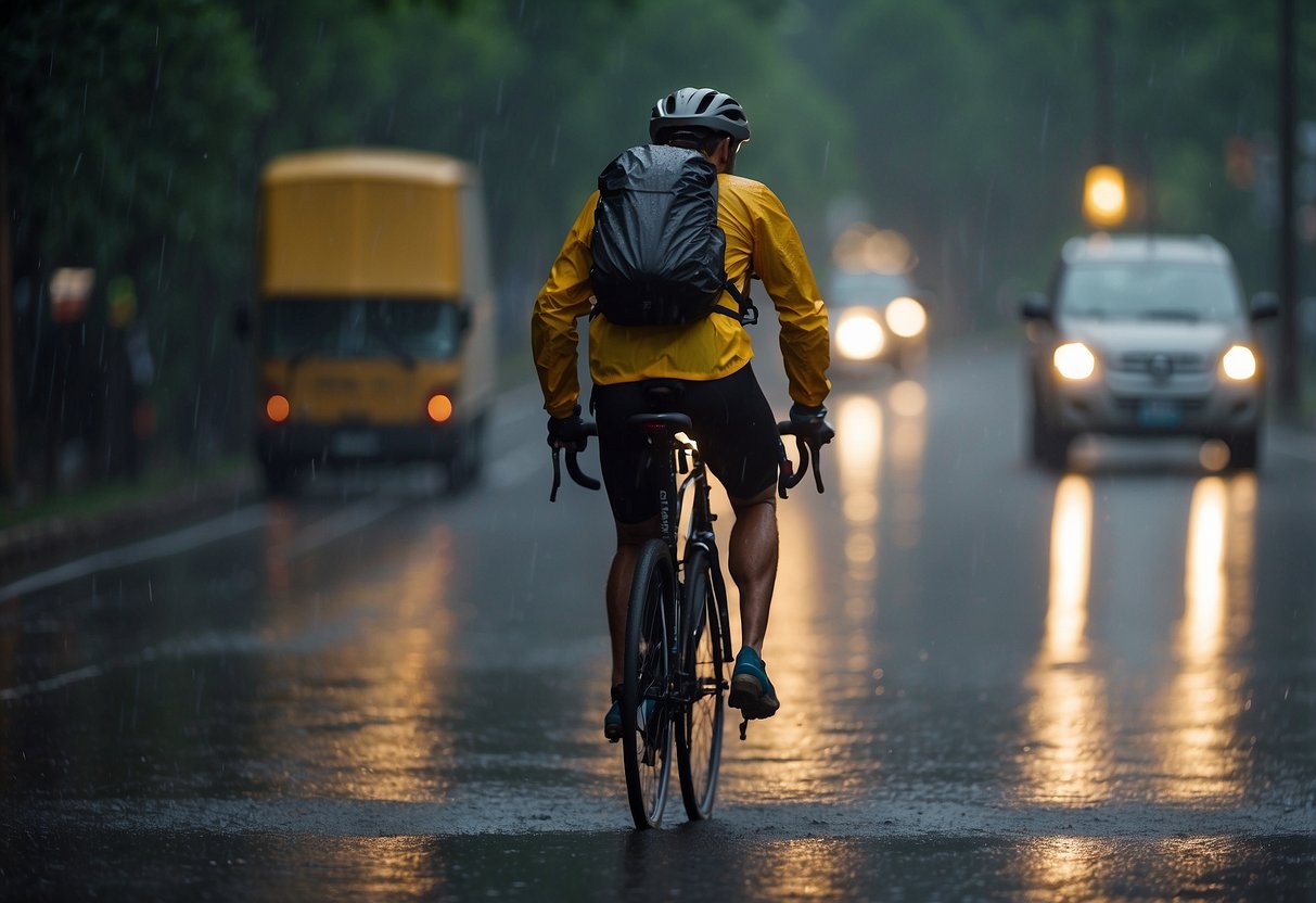 A cyclist rides through a rainstorm, using waterproof panniers, a rain cover for their backpack, and fenders to keep their gear dry