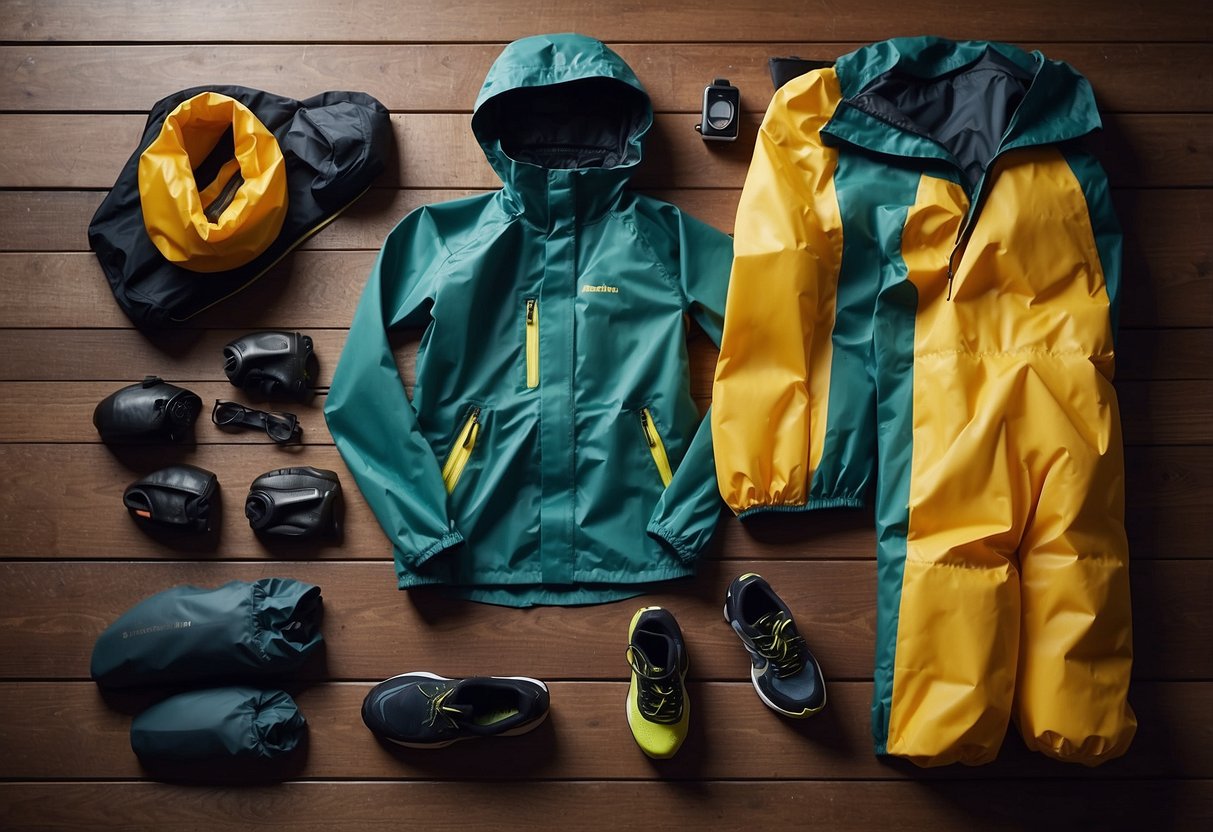 A cyclist's rain gear, including a waterproof jacket, pants, gloves, and shoe covers, all with sealed seams, laid out neatly on a table