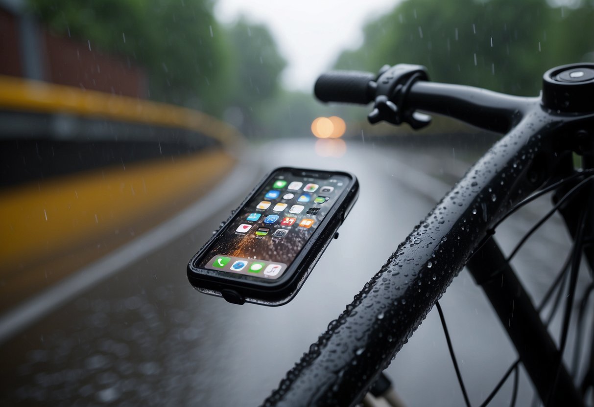 A phone encased in a waterproof cover, strapped securely to a bicycle handlebar. Raindrops bead off the protective surface as the bike navigates through a downpour