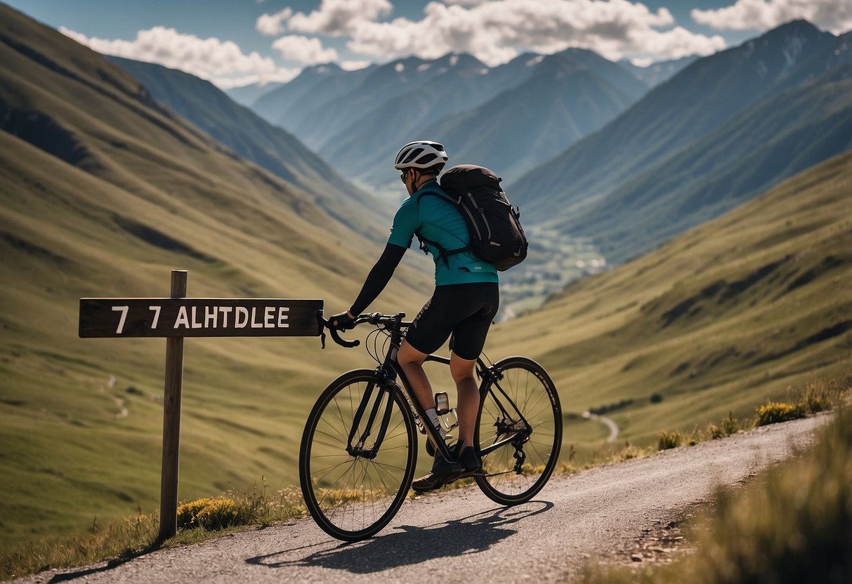 A cyclist adjusts to high altitude, surrounded by towering mountains and thin air. A bike leans against a sign reading "7 Tips for Riding in High Altitudes."