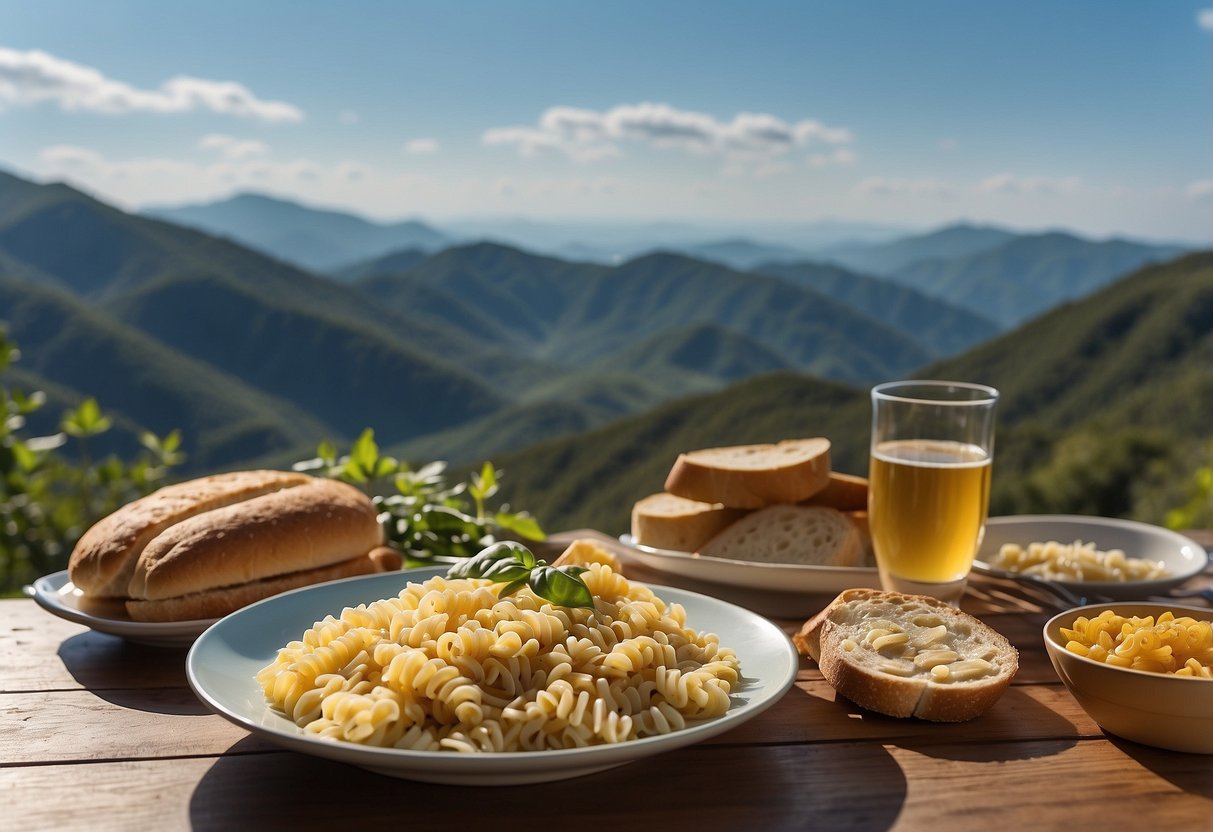 A table set with pasta, rice, and bread. A mountainous landscape in the background. Clear blue skies and thin air